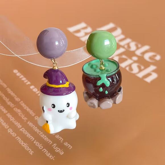 Cute Kawaii Halloween Spooky Witch Ghost & Potion Cauldron Drop Earrings - Picture 1 of 2
